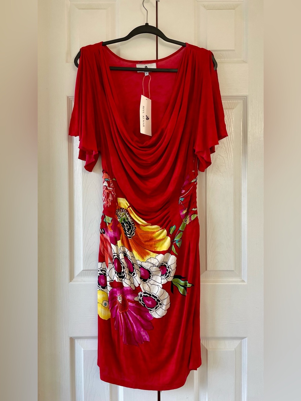 NWT LABEL Ritu Kumar Red Colorful Floral Cowl Neck Ruched Flutter Dress Size 4